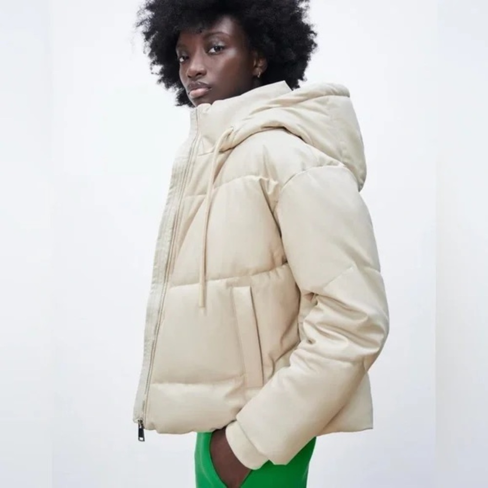 ZARA Faux Leather Puffer Jacket in Beige